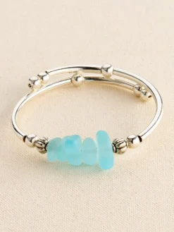 Aqua Tumbled Glass Memory Wire Bracelet