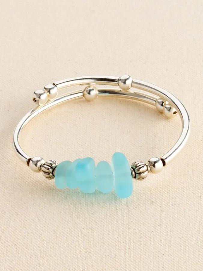 Aqua Tumbled Glass Memory Wire Bracelet