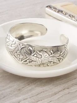 Bird and Floral Silver Cuff Bracelet