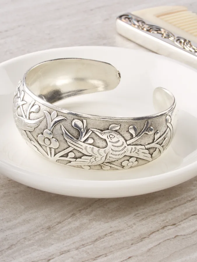 Bird and Floral Silver Cuff Bracelet
