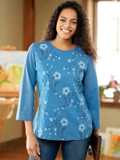 Blooming Beauty Embroidered Cotton Top With 3/4 Sleeves