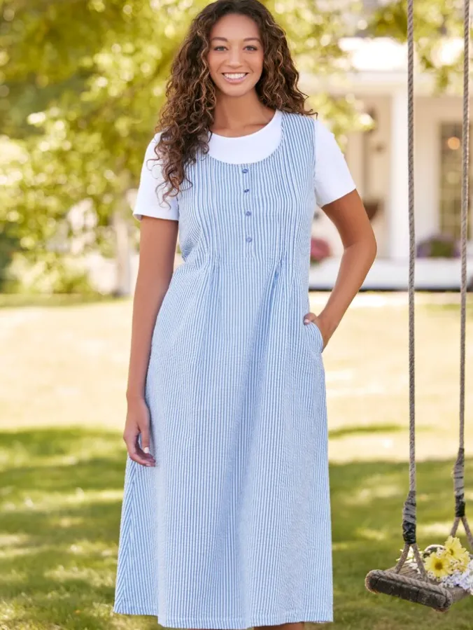 Blue Seersucker Pintuck Jumper