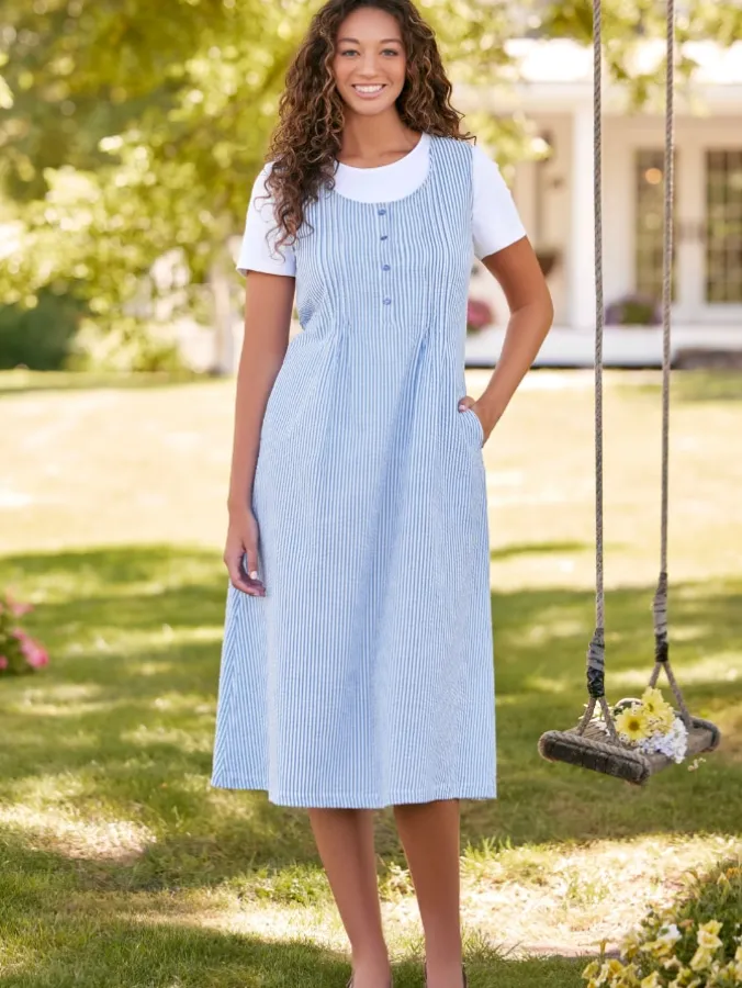 Blue Seersucker Pintuck Jumper