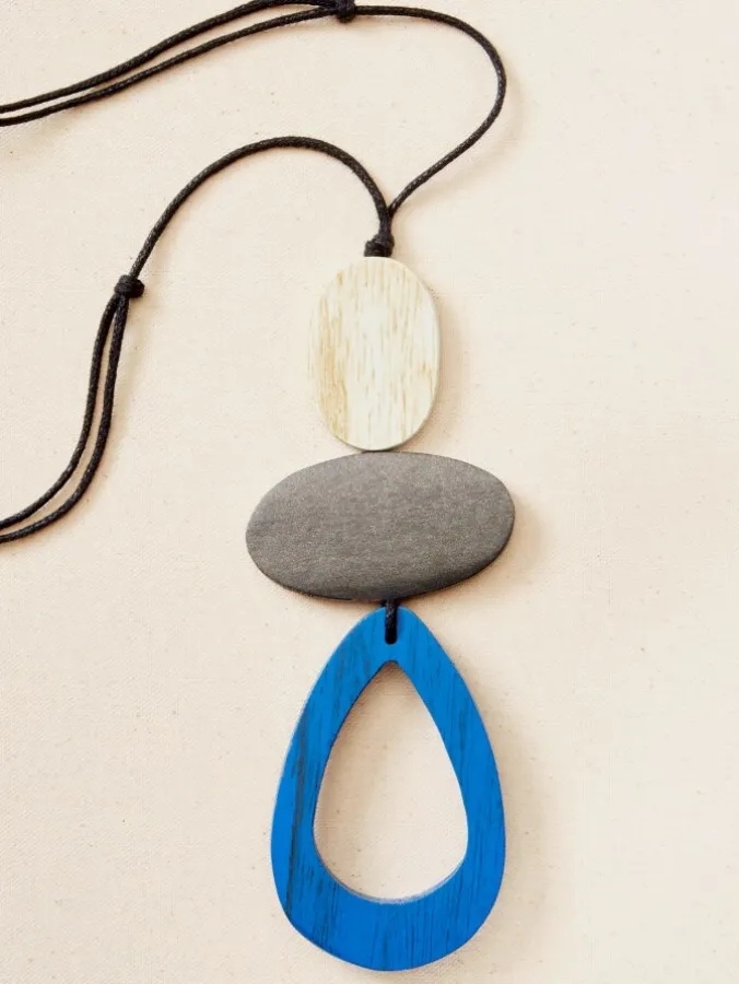 Blue Triangle Wooden Pendant Adjustable Corded Necklace