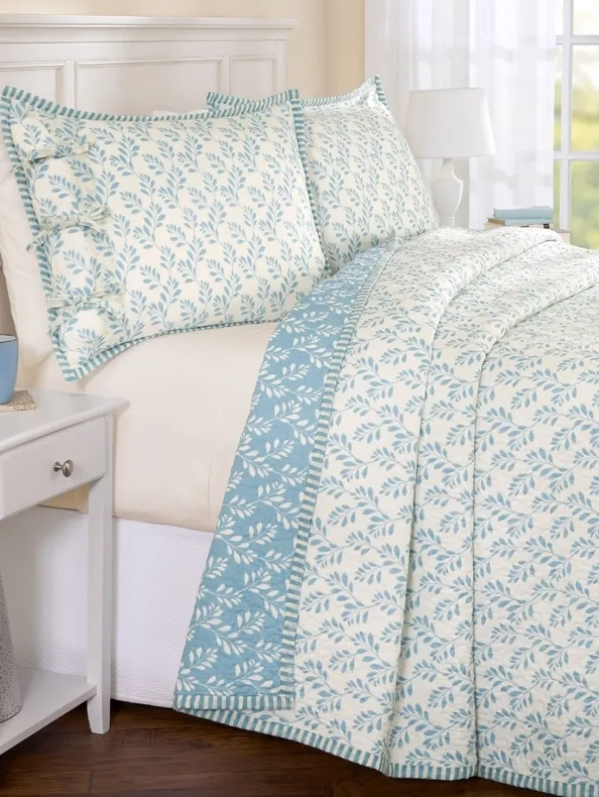 Botanical Leaves Cotton Quilted Bedspread or Sham