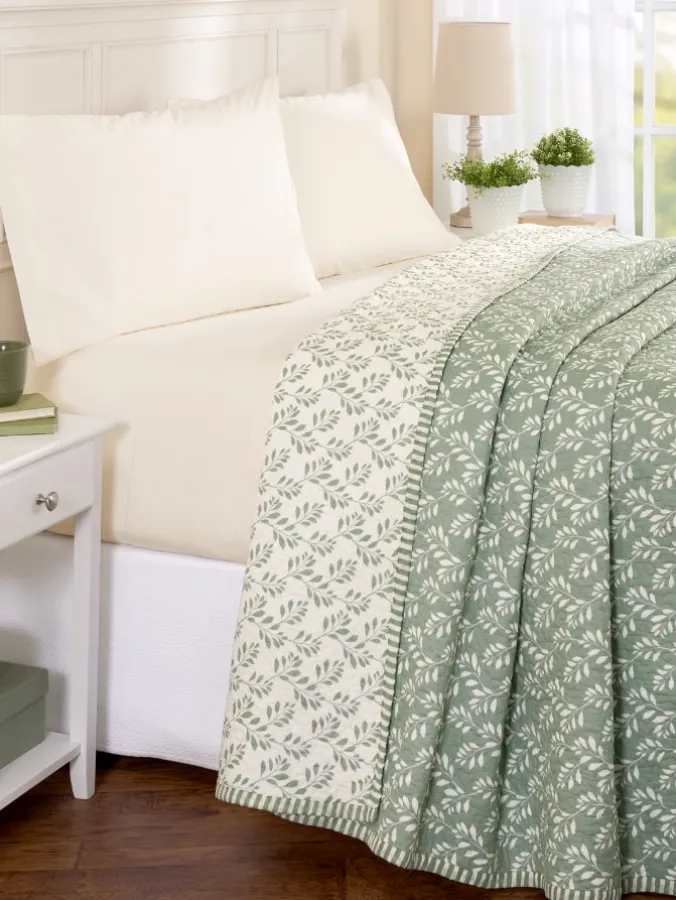 Botanical Leaves Cotton Quilted Bedspread or Sham