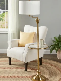Brass Swing-Arm Floor Lamp With Table