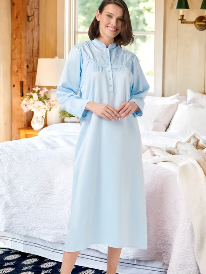 Brushed-Back-Satin Embroidered Nightgown
