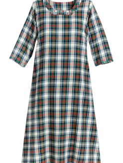 Brushed Cotton Plaid Dress With Floral Embroidery
