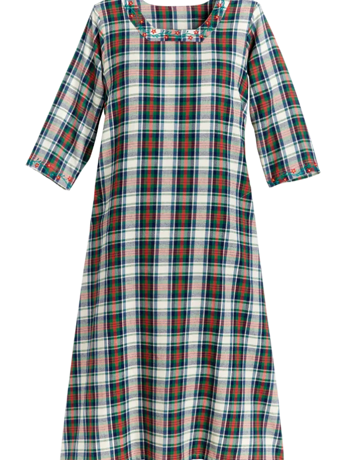 Brushed Cotton Plaid Dress With Floral Embroidery