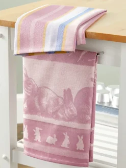 Bunnies in the Garden and Striped Tea Towel, Set of 2