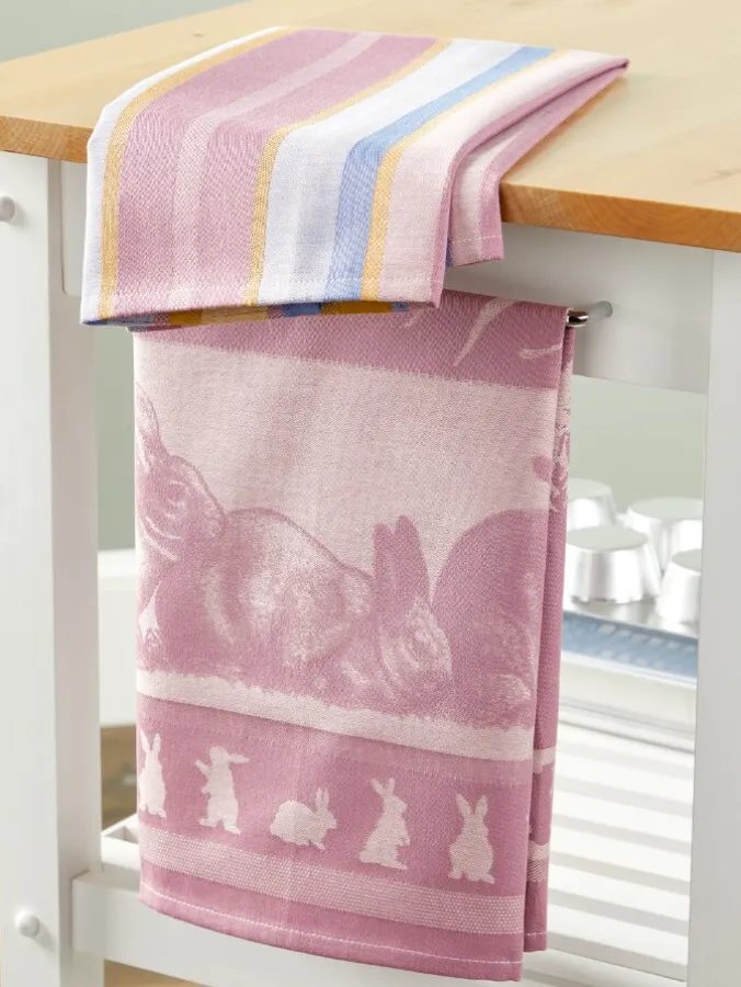 Bunnies in the Garden and Striped Tea Towel, Set of 2