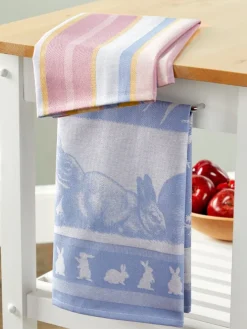 Bunnies in the Garden and Striped Tea Towel, Set of 2