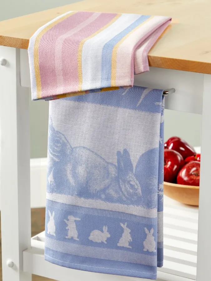 Bunnies in the Garden and Striped Tea Towel, Set of 2
