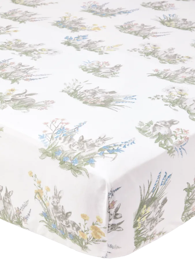 Bunny Garden Portuguese Cotton Percale Fitted Crib Sheet