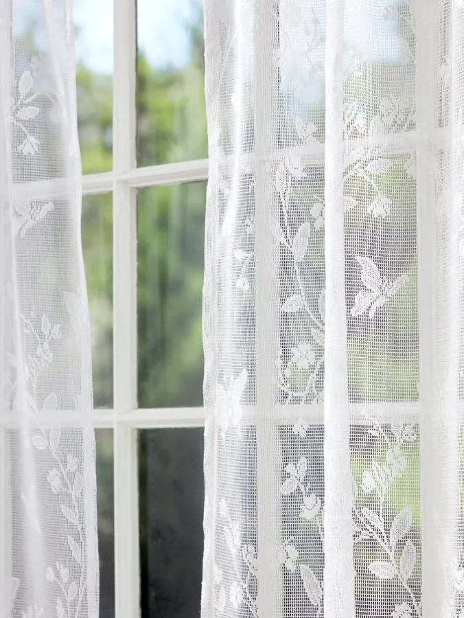 Butterfly Garden White Lace Pinch Pleat Back Tab Curtains