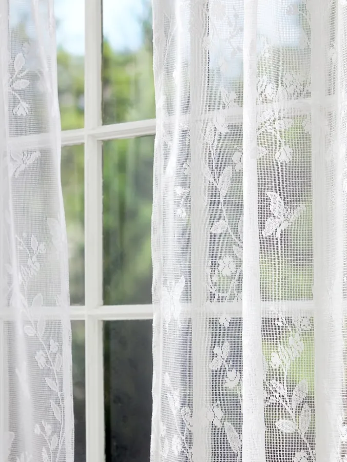 Butterfly Garden White Lace Pinch Pleat Back Tab Curtains