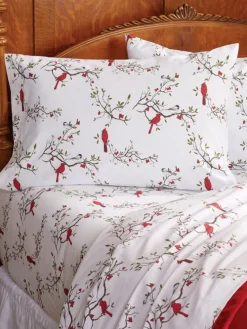 Cardinal and Chickadee Portuguese Cotton Percale Sheet Set