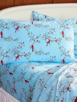 Cardinal and Chickadee Portuguese Cotton Percale Sheet Set