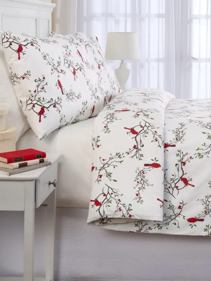 Cardinal and Chickadee Portuguese Cotton Percale Duvet Cover