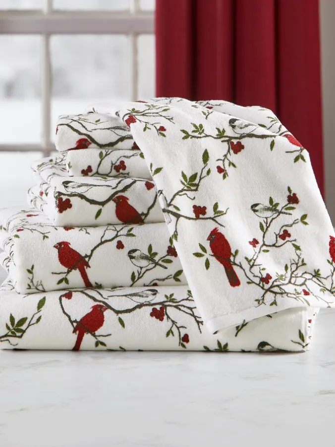 Cardinal and Chickadee Portuguese Cotton Six-Piece Bath Towel Set