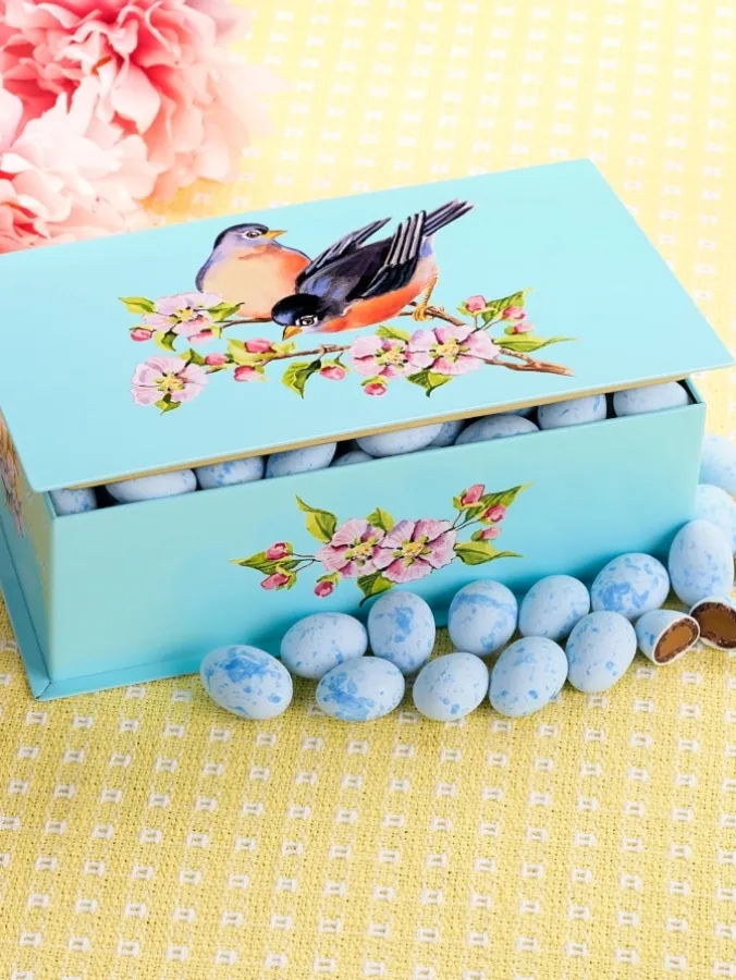 Charming Robin Tin With Dark Chocolate Caramel Robin's Eggs