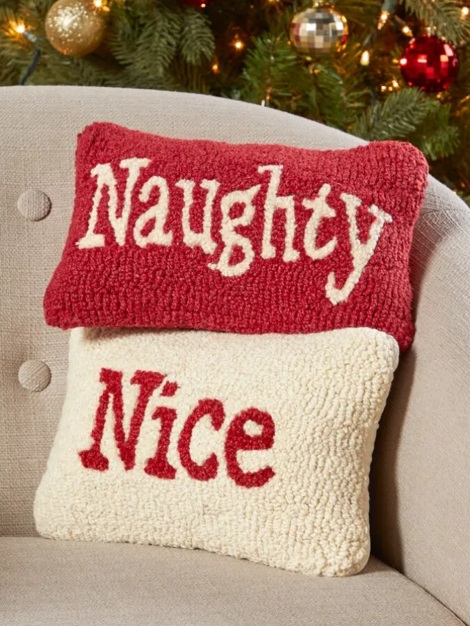 Christmas Naughty or Nice Hooked Wool Pillow