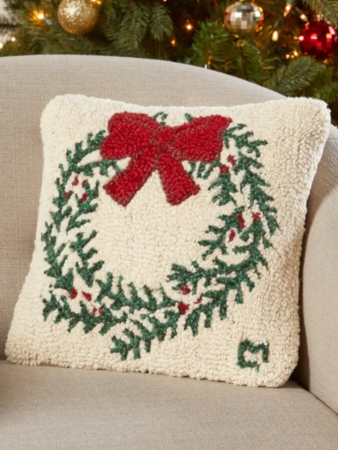 Christmas Wreath Hooked Wool Pillow