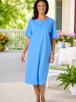 Comfort Knit Solid Color Cotton Short-Sleeve Long Nightgown