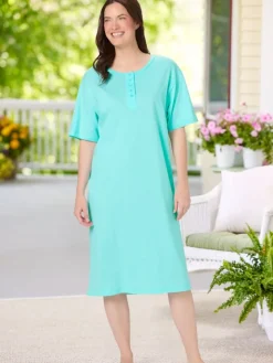 Comfort Knit Solid Color Cotton Short-Sleeve Long Nightgown