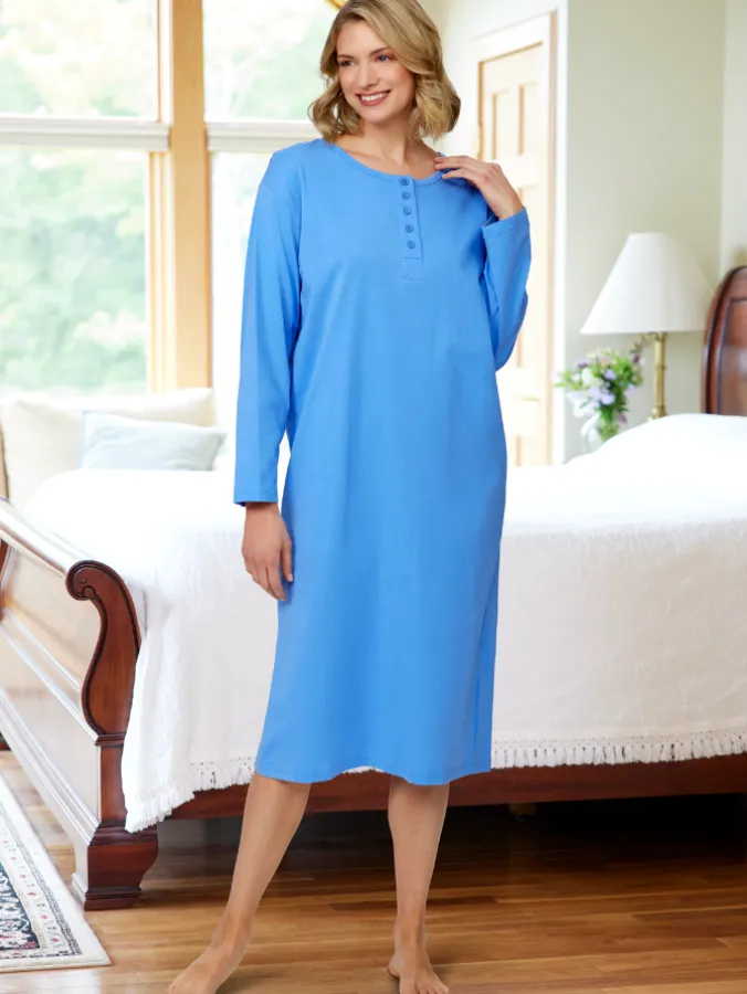 Comfort Knit Solid Color Cotton Long-Sleeve Nightgown