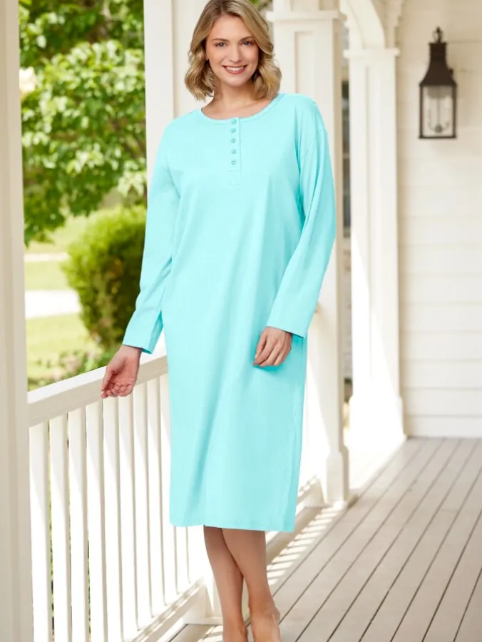 Comfort Knit Solid Color Cotton Long-Sleeve Nightgown