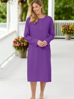 Comfort Knit Solid Color Cotton Long-Sleeve Nightgown