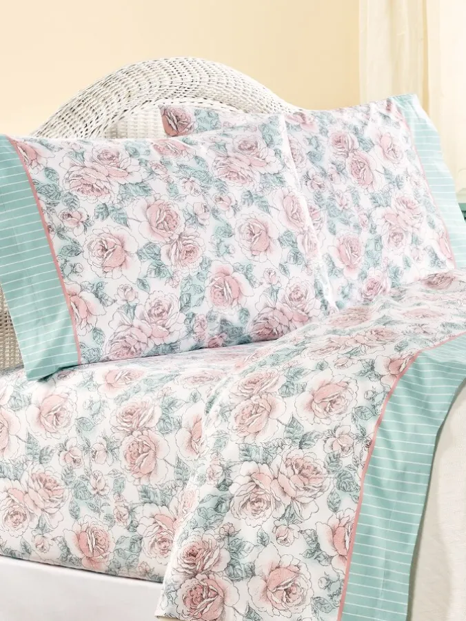 Country Blooms and Stripes Portuguese Cotton Percale Sheet Set