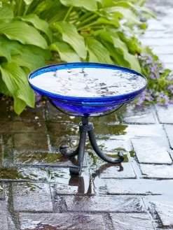 Crackle Glass Birdbath With Tripod Stand
