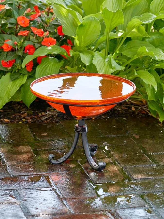 Crackle Glass Birdbath With Tripod Stand