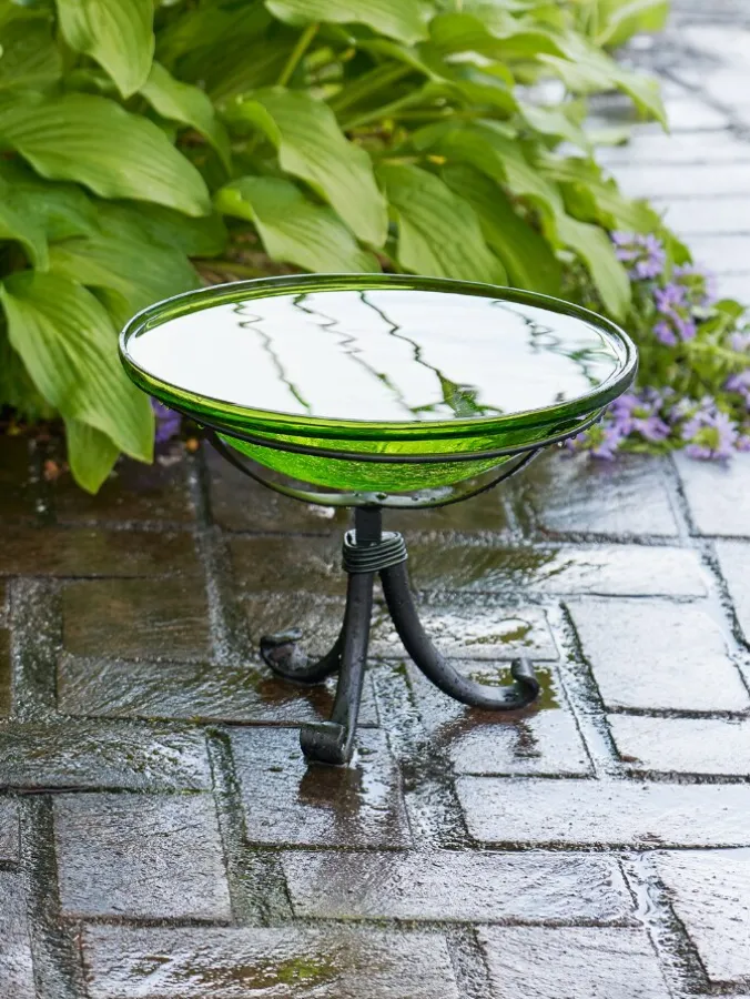 Crackle Glass Birdbath With Tripod Stand