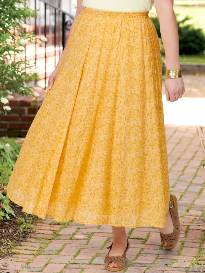 Crinkle Cotton Ankle-Length Yellow Floral Skirt