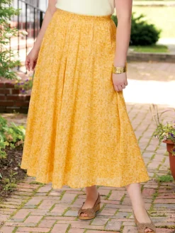 Crinkle Cotton Ankle-Length Yellow Floral Skirt