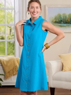 Crinkle-Cotton Button-Up Sleeveless Dress