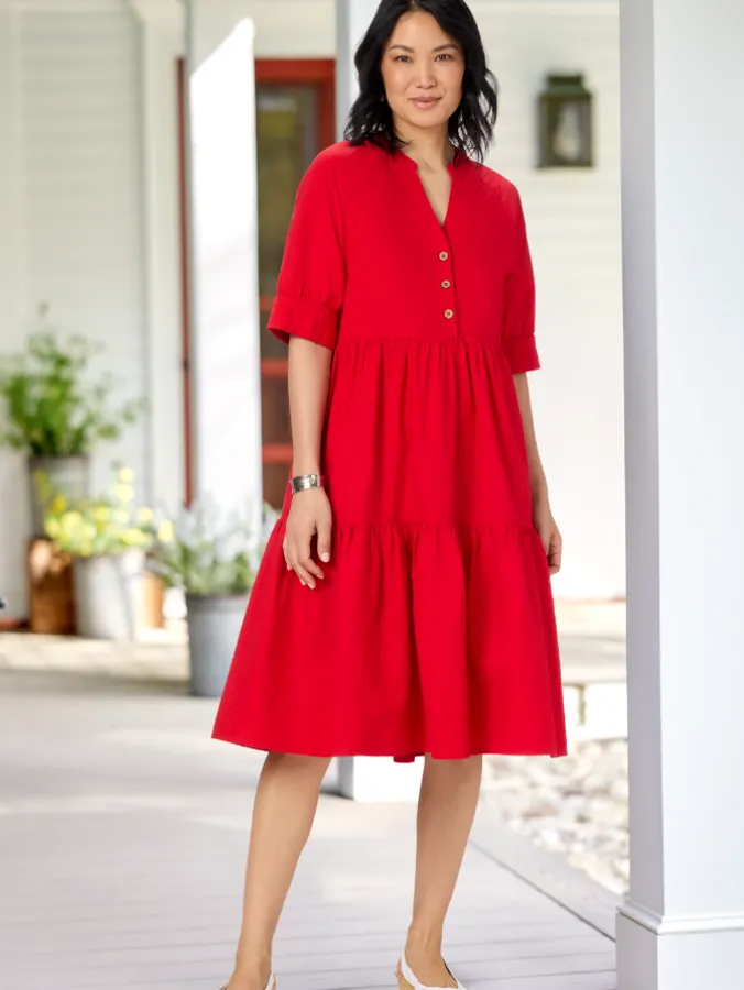 Crinkle Cotton Notch-Neck Tiered Dress