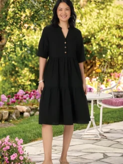 Crinkle Cotton Notch-Neck Tiered Dress