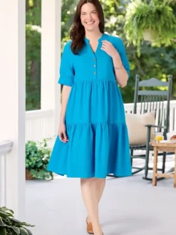 Crinkle Cotton Notch-Neck Tiered Dress