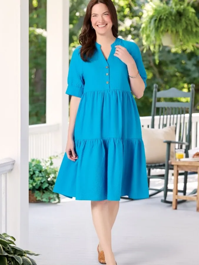 Crinkle Cotton Notch-Neck Tiered Dress