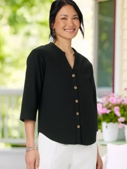 Crinkle Cotton 3/4 Sleeve Notch-Neck Top