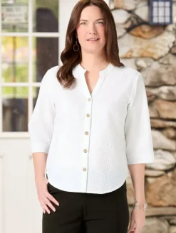 Crinkle Cotton 3/4 Sleeve Notch-Neck Top
