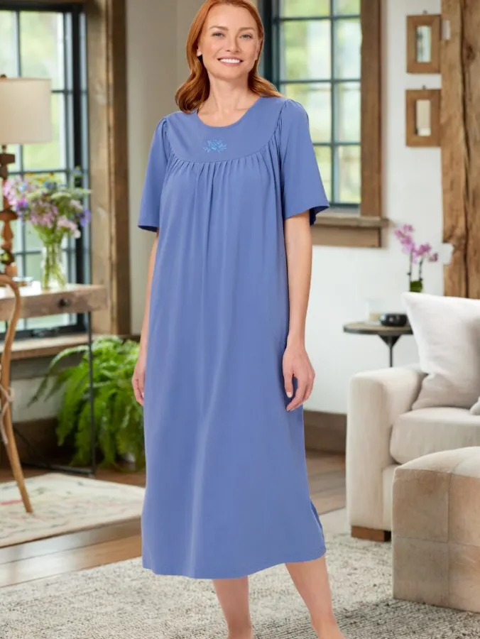 Cuddle Soft Women's Embroidered Short-Sleeve Cotton Nightgown