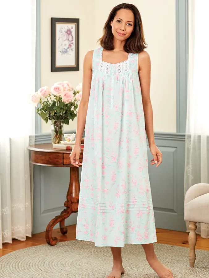 Eileen West Aqua Floral Cotton Lawn Nightgown