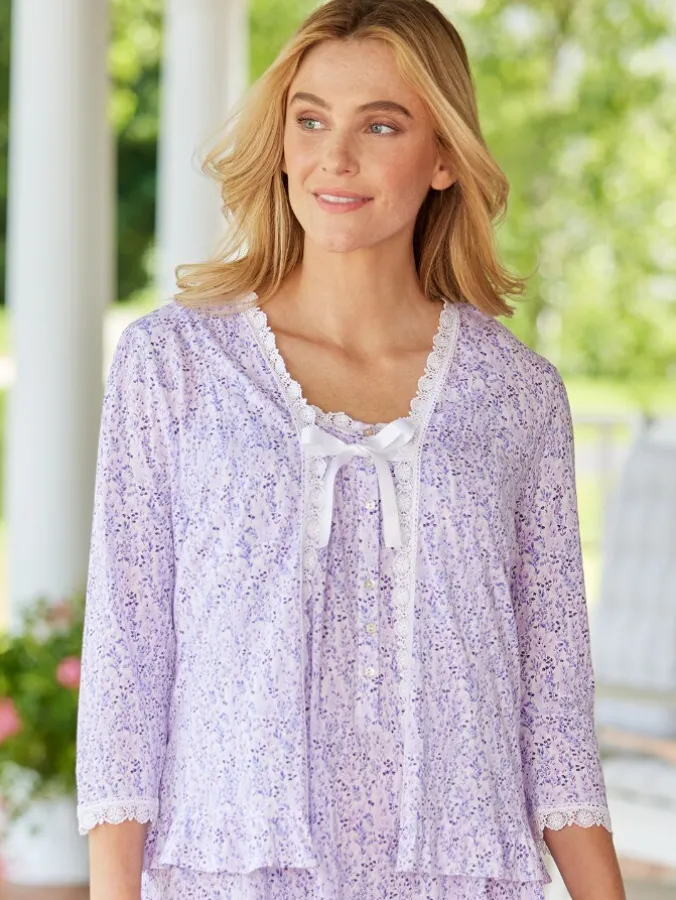 Eileen West Lavender Print Cotton and Modal Bed Jacket
