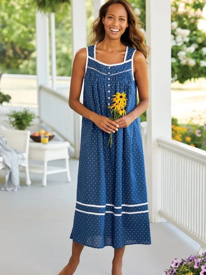 Eileen West Nautical Blue Polka-Dot Cotton Nightgown